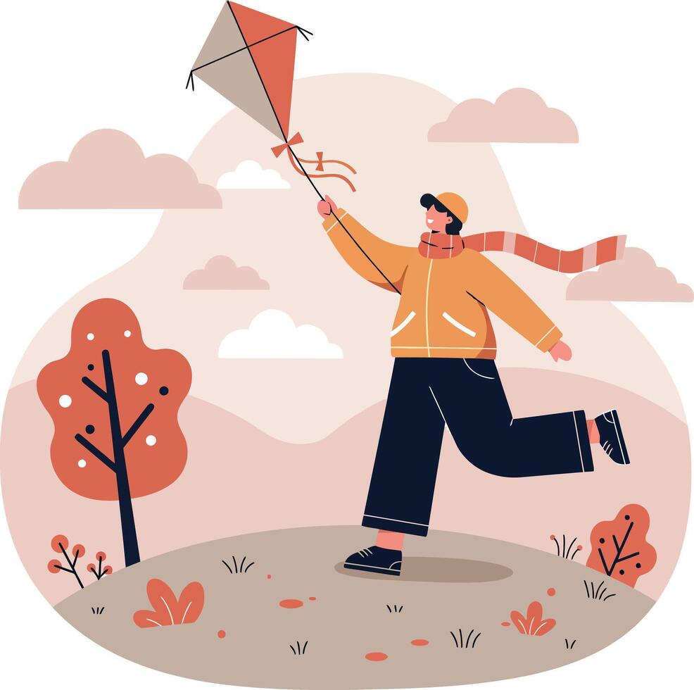 Child flying red kite in autumn park wearing warm clothes flat design illustration vector