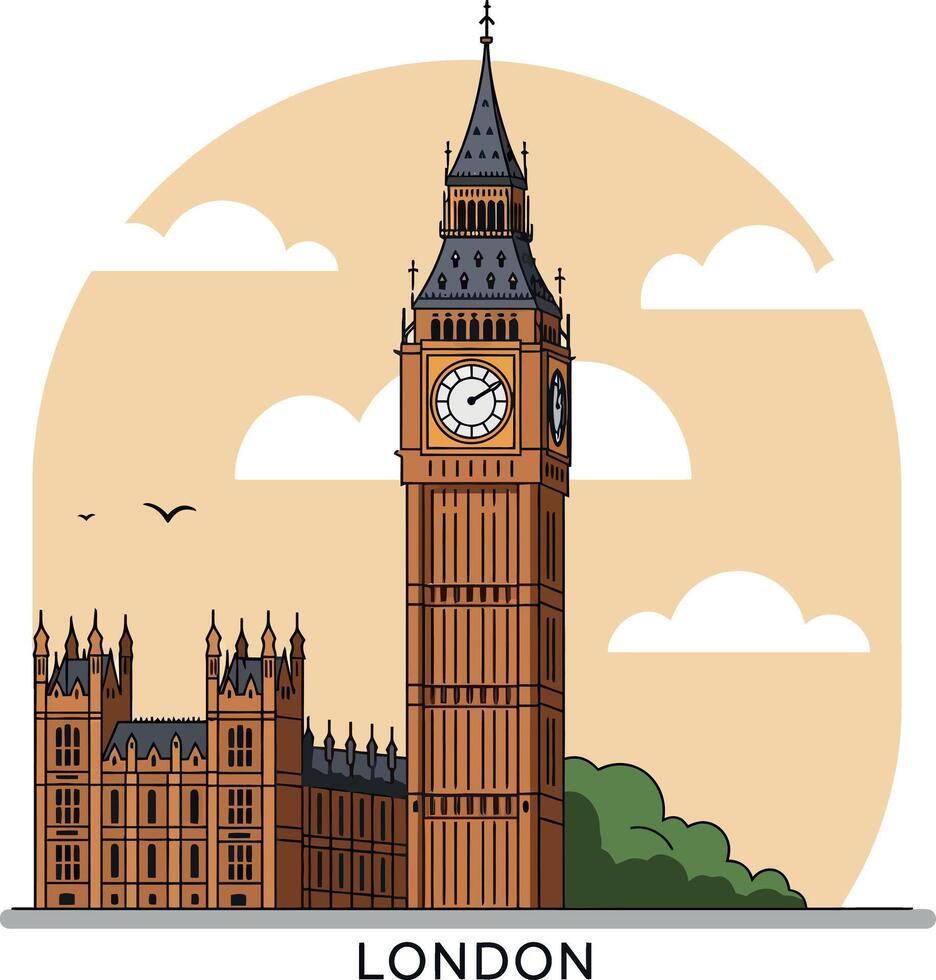 Big Ben clock tower and Houses of Parliament detailed flat design London city illustration vector