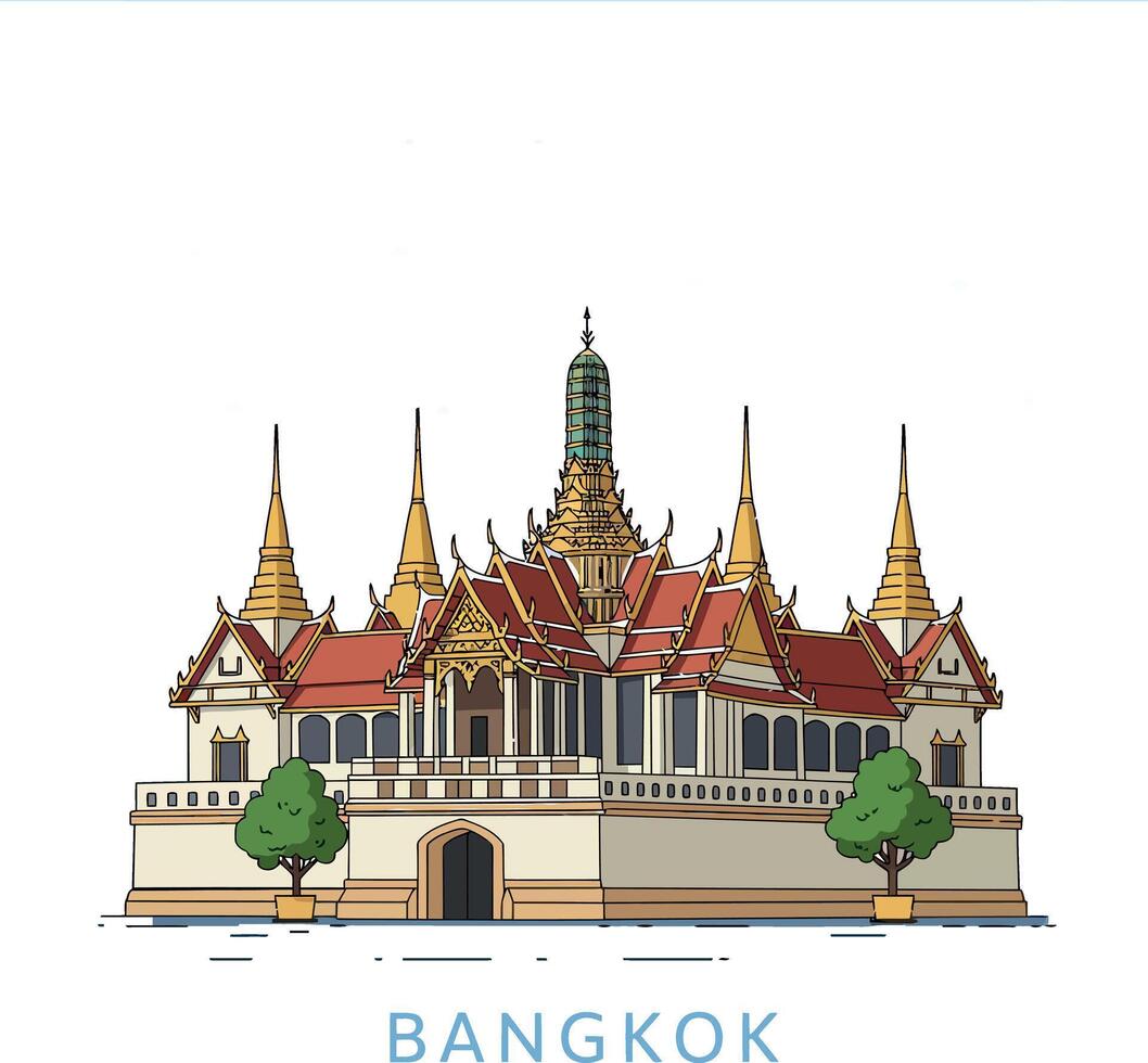 Traditional Thai temple with ornate roofs and spires in detailed flat design illustration vector