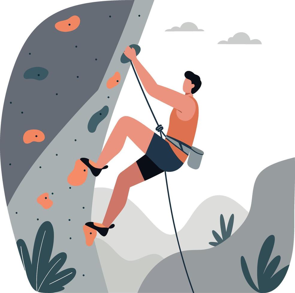 Male rock climber scaling steep cliff in minimal flat design outdoor adventure illustration vector