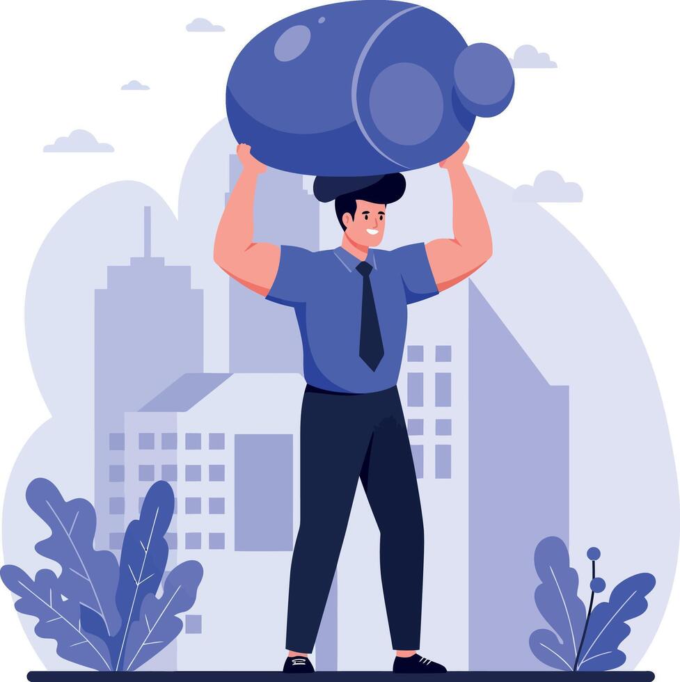 Man lifting large blue piggy bank outdoors urban flat design illustration art vector