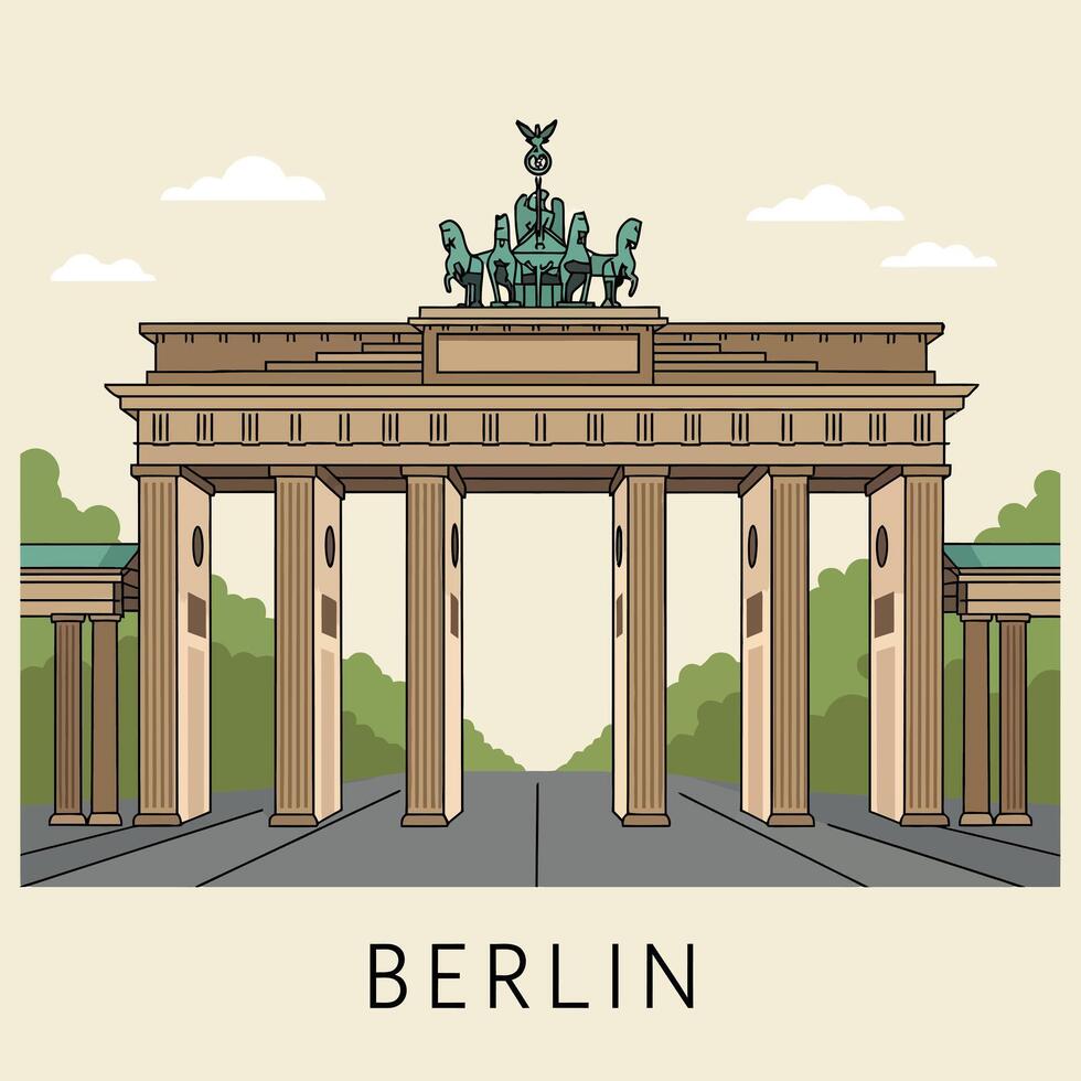 Brandenburg Gate historic monument with neoclassical columns and quadriga sculpture flat design illustration vector