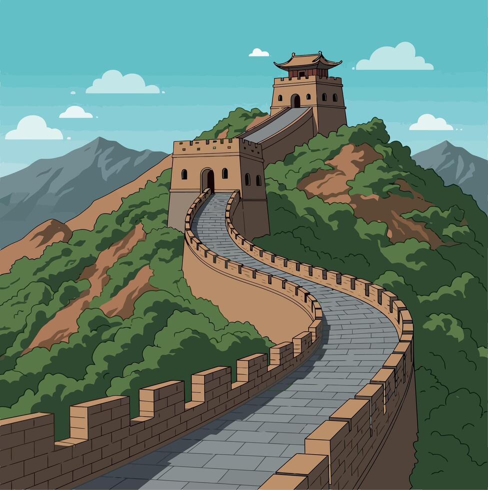 Great Wall of China winding over green hills with blue sky in detailed illustration vector