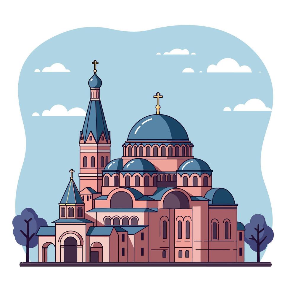 Orthodox church with domes and crosses in detailed flat design illustration vector