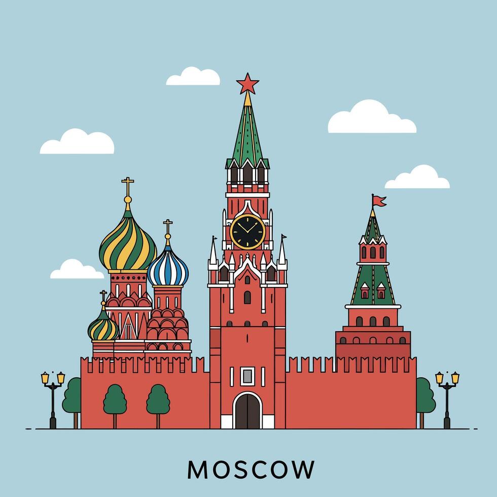 Moscow iconic architecture with colorful onion domes and clock tower flat design illustration vector