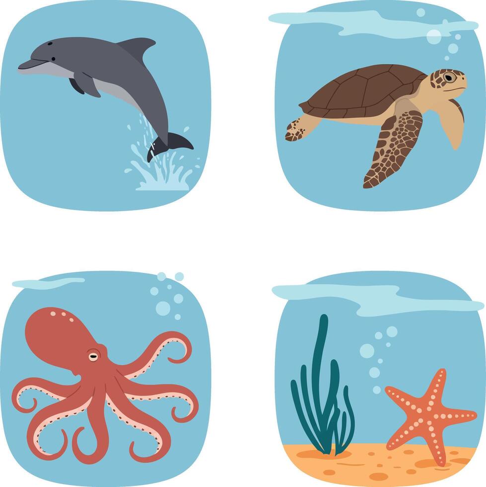 Marine animals dolphin turtle octopus starfish in minimal flat style illustration vector