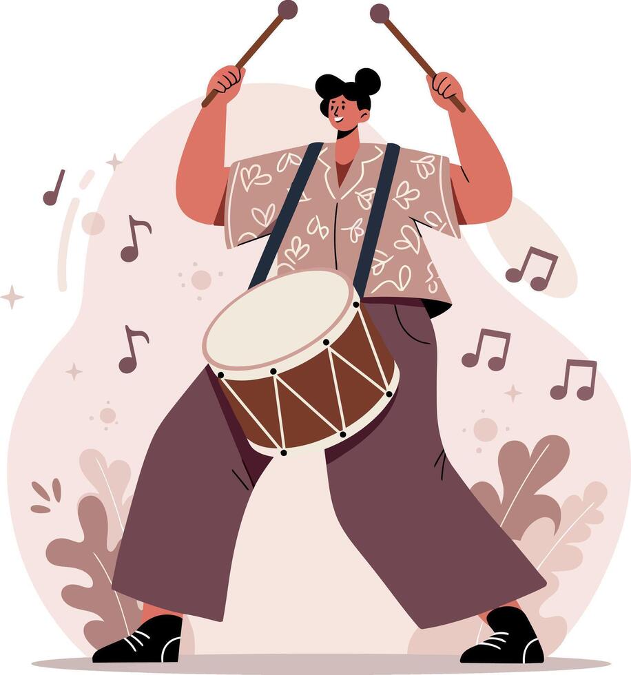Young woman playing bass drum with mallets in dynamic pose flat design illustration vector