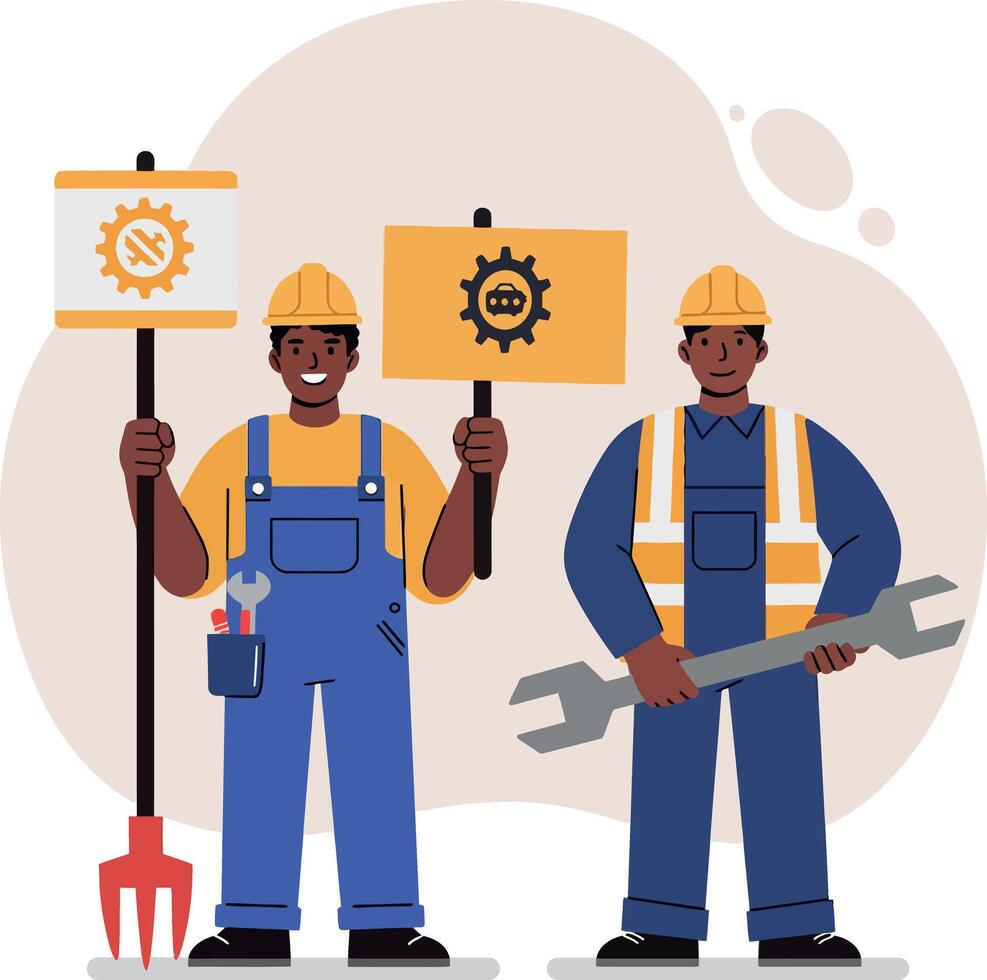 Two male construction workers holding tools and safety signs in flat design illustration vector
