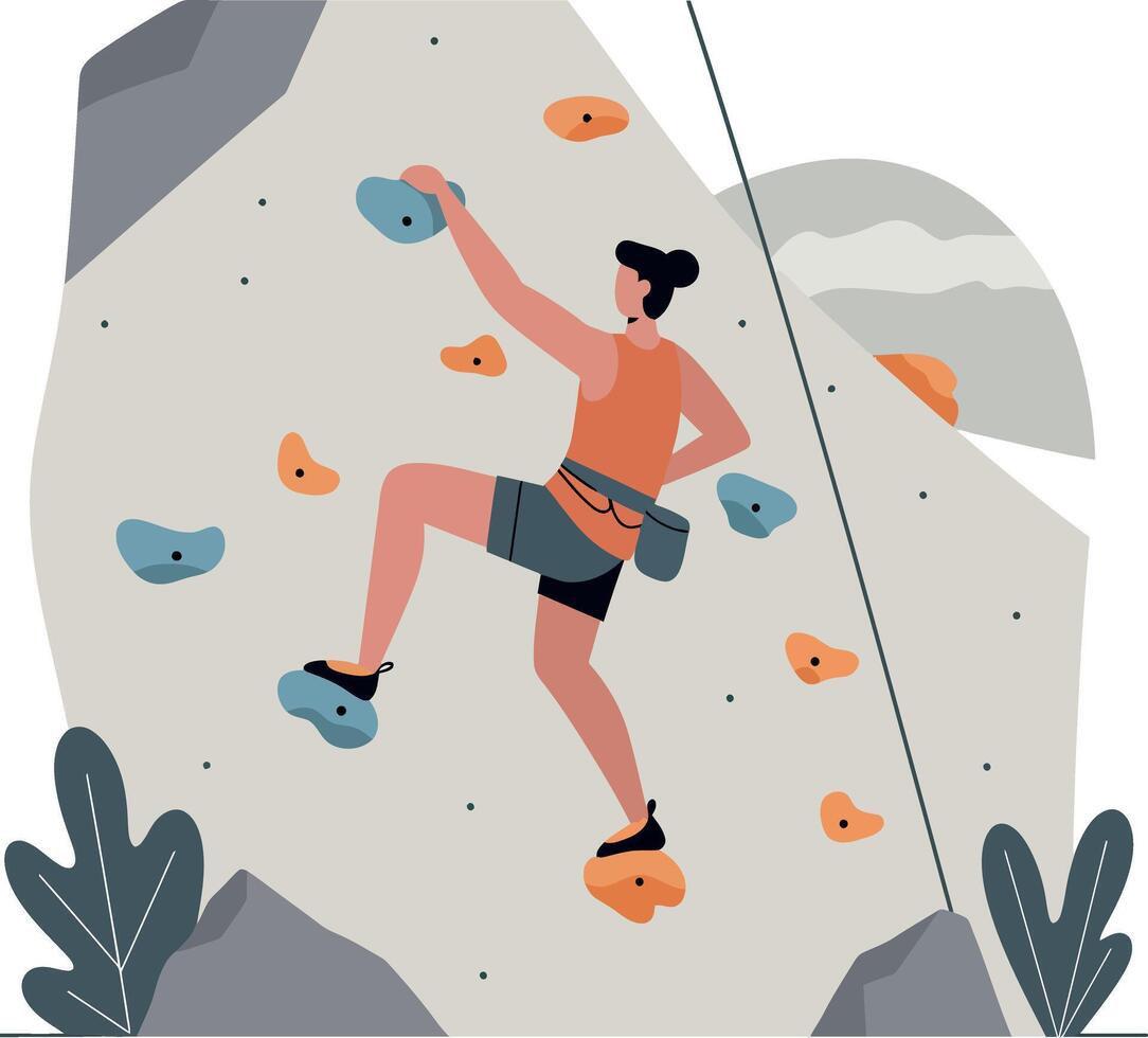 Female rock climber scaling indoor climbing wall with colorful holds in flat design illustration vector