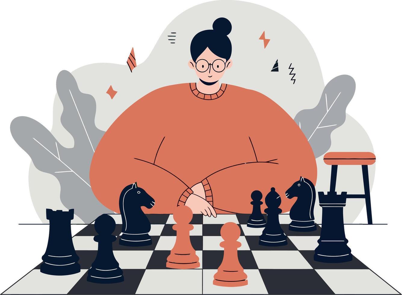 Woman playing chess with black and orange pieces in flat style wearing glasses illustration vector