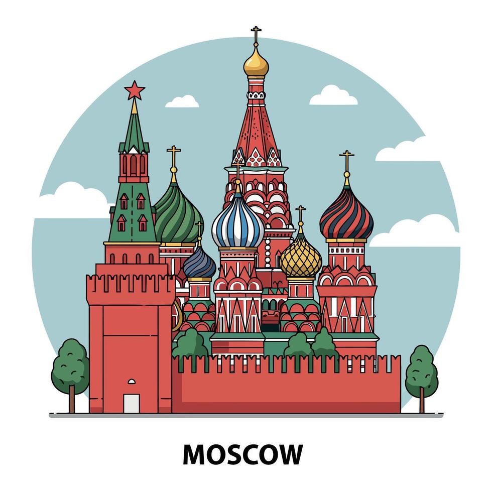 Russian Moscow Kremlin colorful onion domes detailed flat design illustration vector