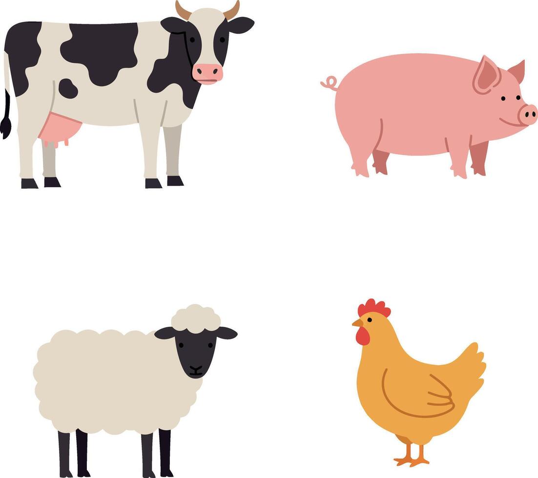 Farm animals including cow pig sheep and chicken in flat style illustration vector