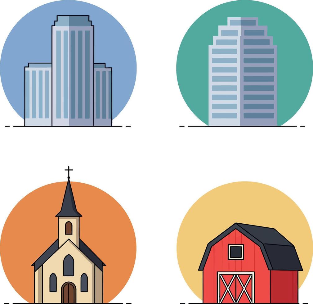 Four diverse building icons including skyscrapers church and barn in colorful flat design illustration vector