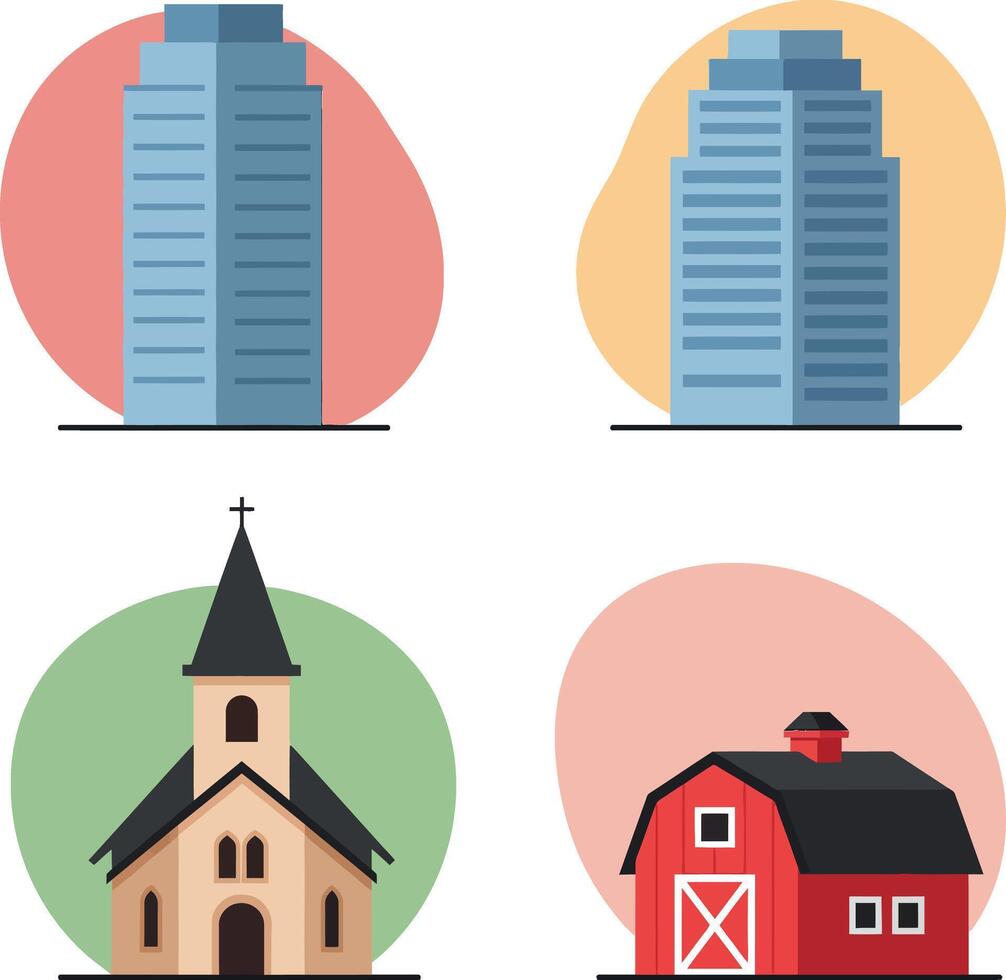 Modern skyscraper and traditional church with red barn flat design illustration urban and rural architecture contrast vector