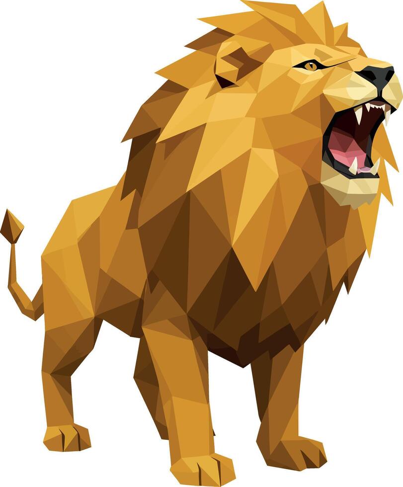 Roaring lion with geometric mane in polygonal flat style standing boldly illustration vector
