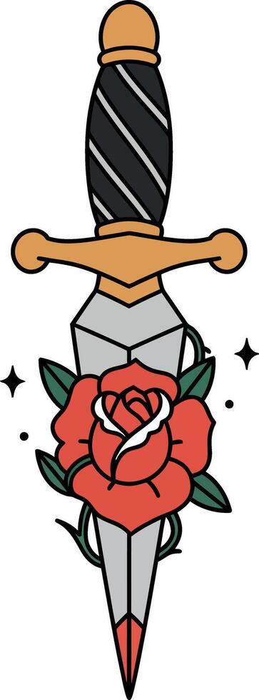 Decorative dagger with black handle and red rose wrapped around blade in flat design illustration vector