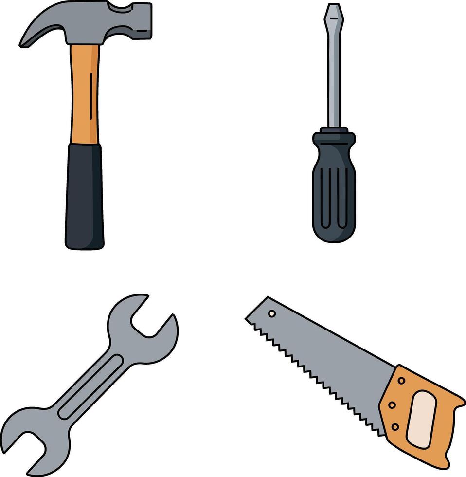 Set of simple hand tools including hammer wrench saw and screwdriver flat style illustration vector
