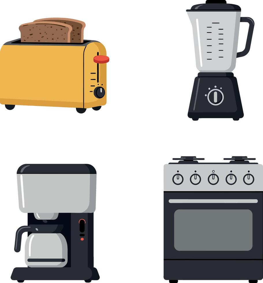 Kitchen appliances set with yellow toaster, black coffee maker, blender, and stove in flat style illustration vector