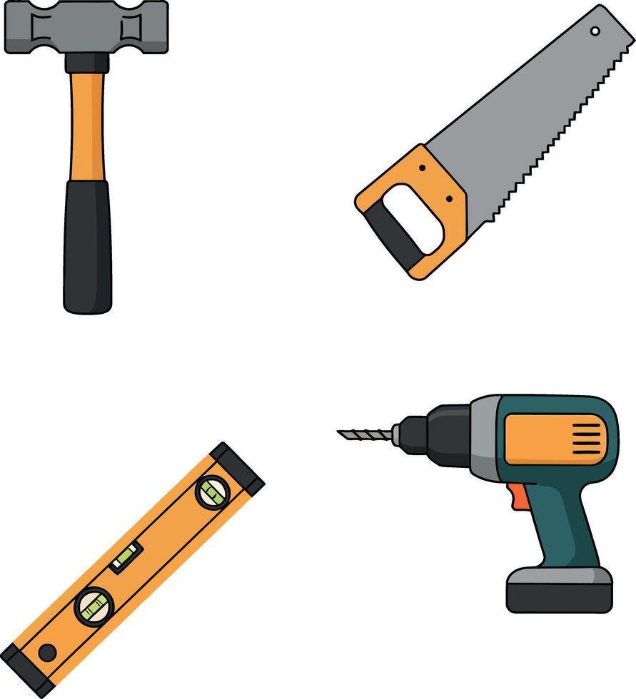 Set of construction hand tools including hammer saw level and electric drill flat design illustration vector