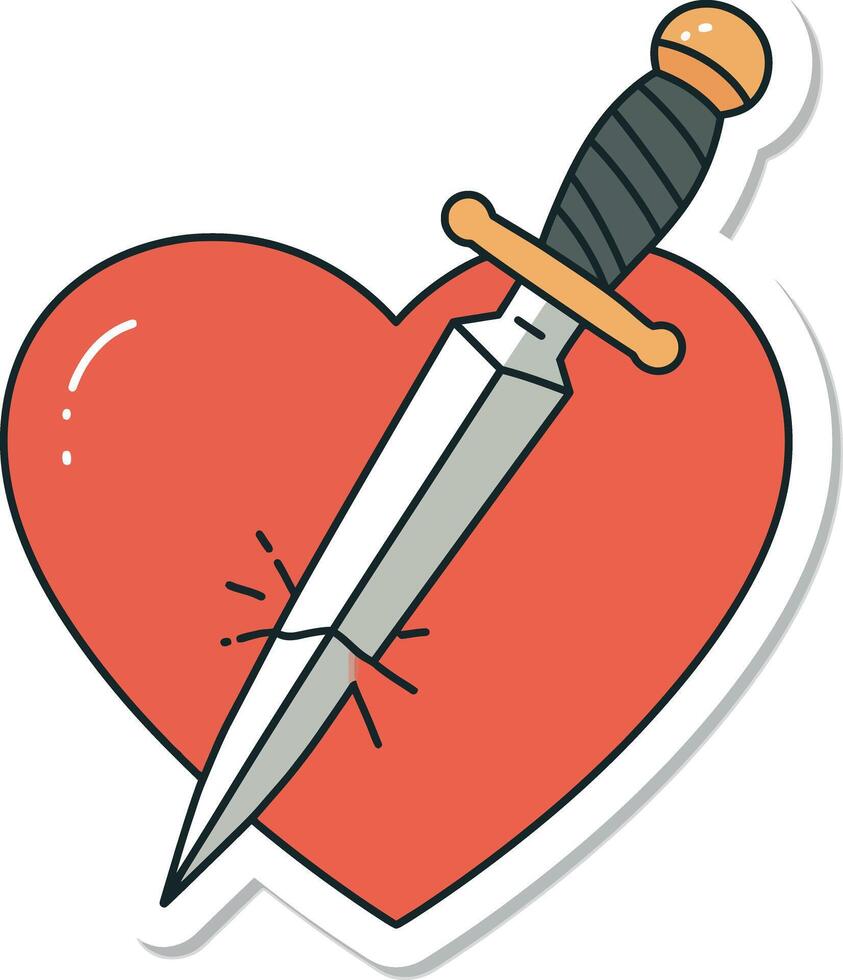 Red heart pierced by silver dagger with black handle minimal flat illustration vector