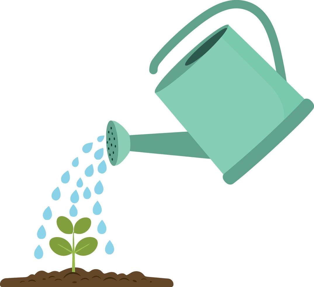 Watering can pouring water on small green plant sprout in soil flat style illustration vector