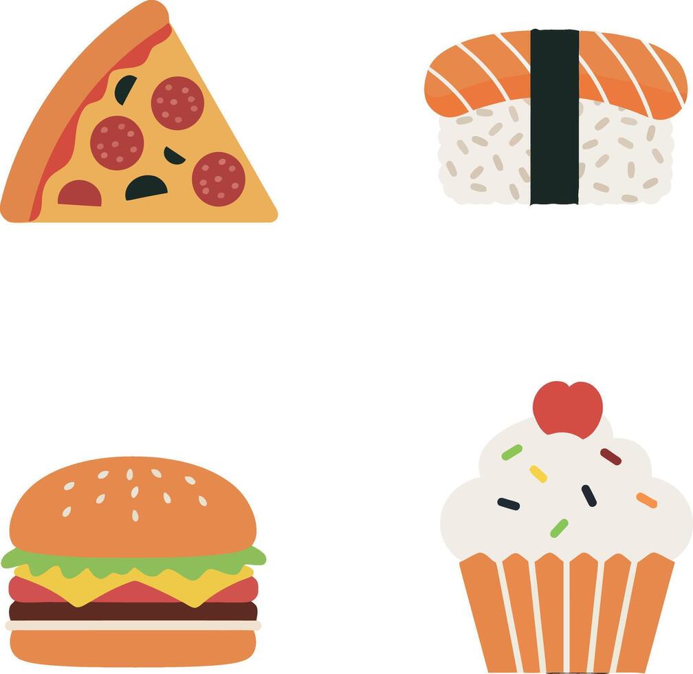 Assorted fast food items including pizza slice burger sushi and cupcake flat colorful illustration vector