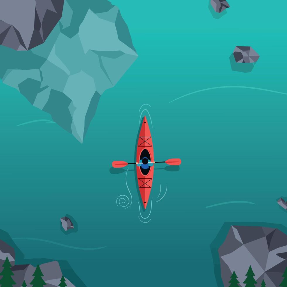 Single kayaker paddling in calm blue water near rocks and pine trees flat design illustration vector