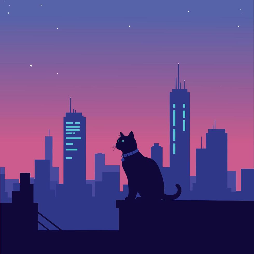 Black cat silhouette sitting on rooftop overlooking city skyline during twilight flat design illustration vector