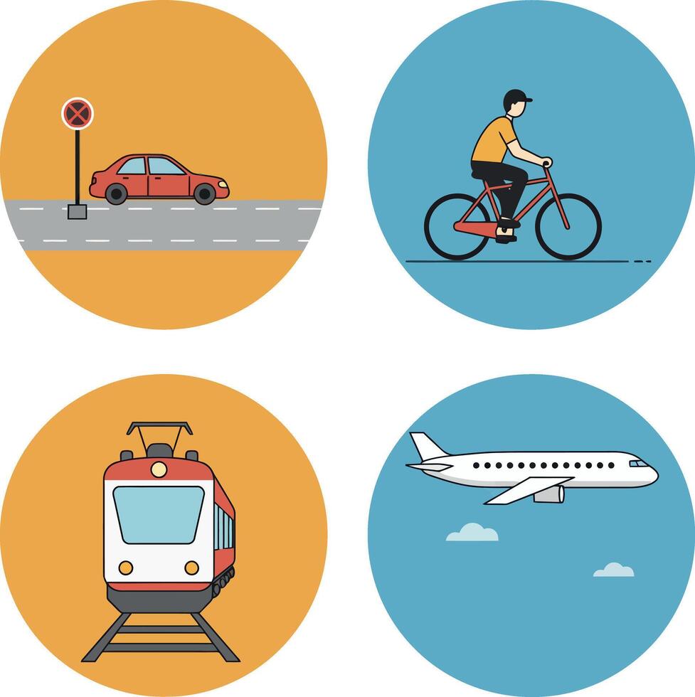 Transportation modes flat design featuring car bike tram and airplane illustration vector