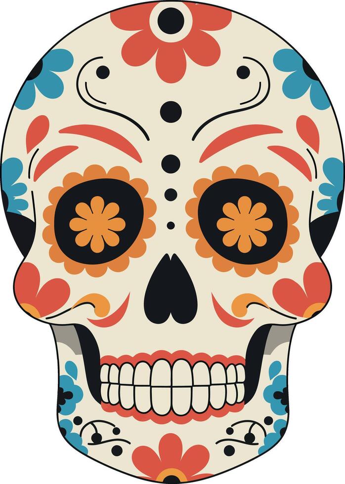 Decorative sugar skull with floral patterns and colorful design in flat style illustration vector