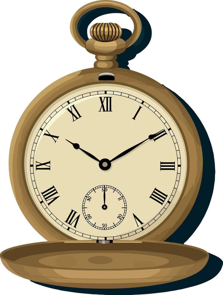 Vintage pocket watch with Roman numerals and open cover detailed flat illustration vector