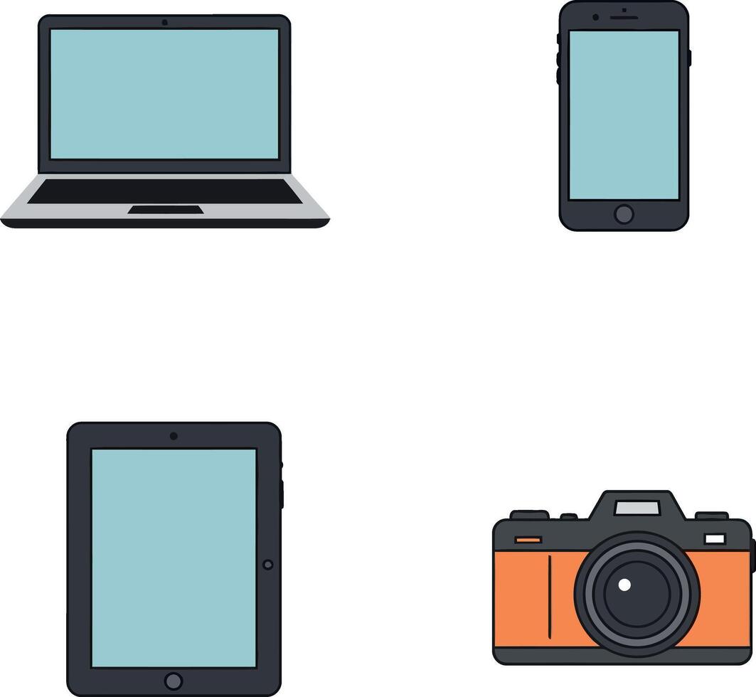 Electronic devices including laptop smartphone tablet and camera flat style illustration vector