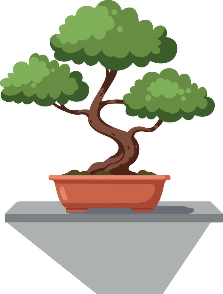 Bonsai tree with twisted trunk and lush green foliage in terracotta pot flat design illustration vector