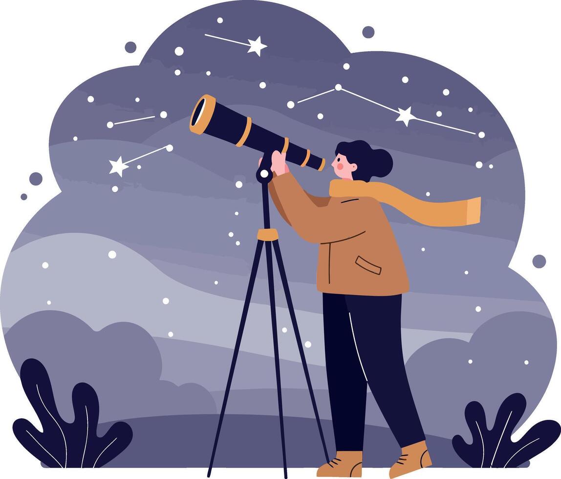 Young person observing night sky with telescope under starry constellation flat design illustration vector