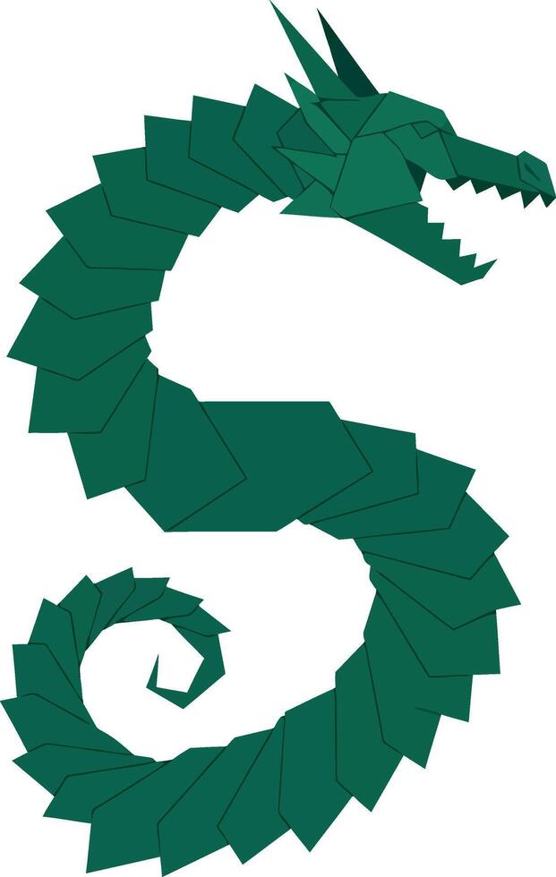 Stylized green dragon with sharp scales and open mouth in flat minimal design illustration vector
