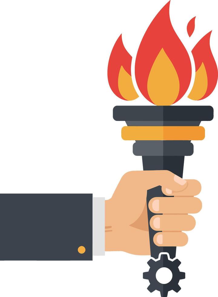 Hand holding a mechanical gear torch with bright red and yellow flames flat design illustration vector