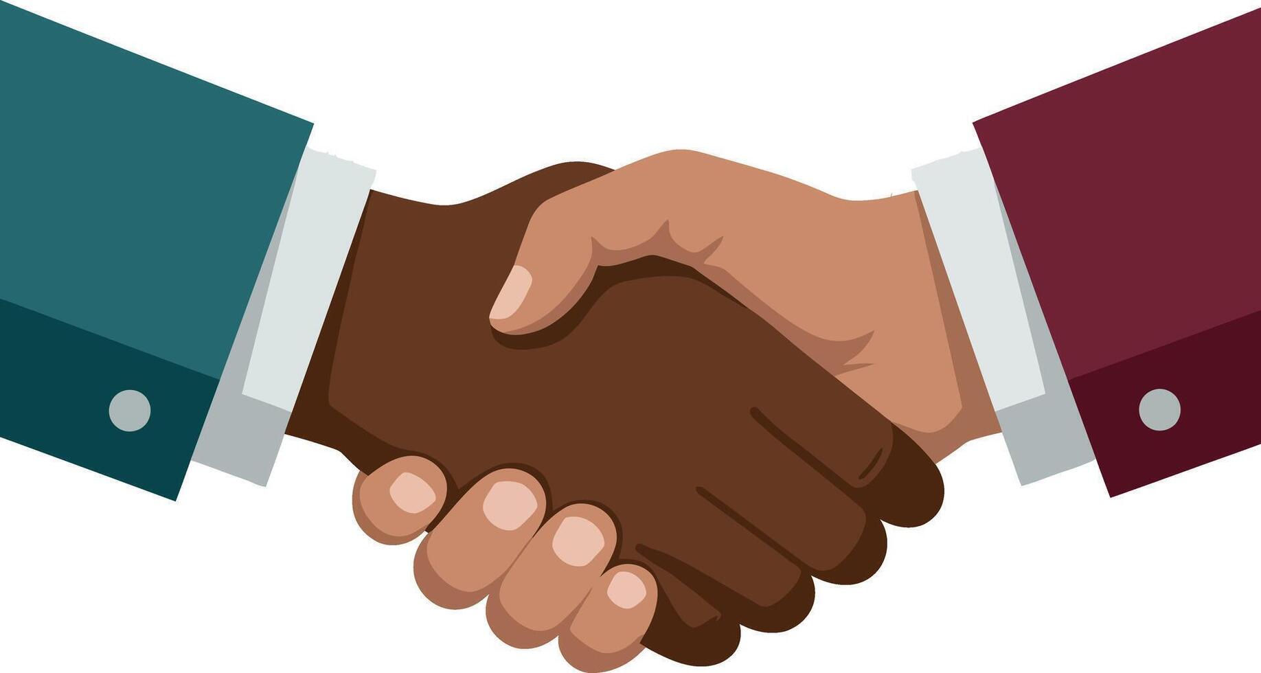 Diverse people shaking hands in formal suits flat style friendly gesture illustration vector