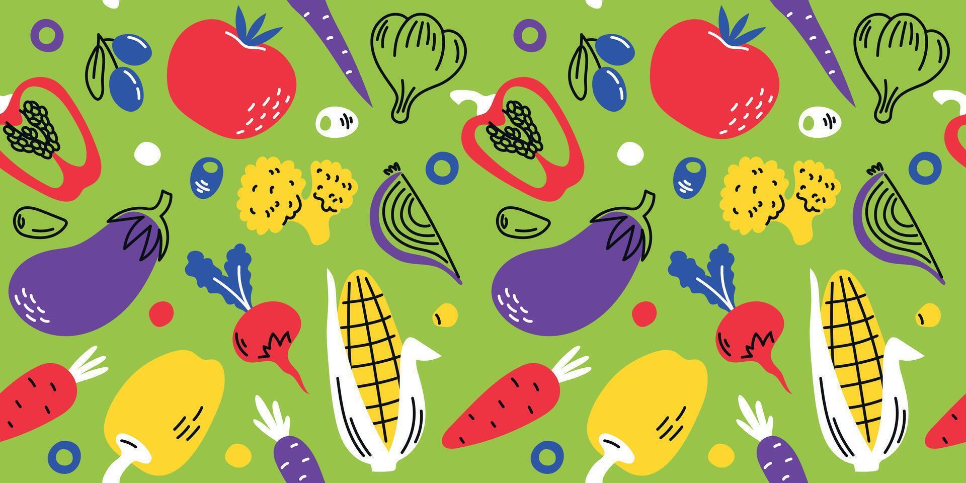 Vegetables doodle seamless pattern. Continuous background. Fresh ripe vegetables in pieces and whole on green background. illustration vector