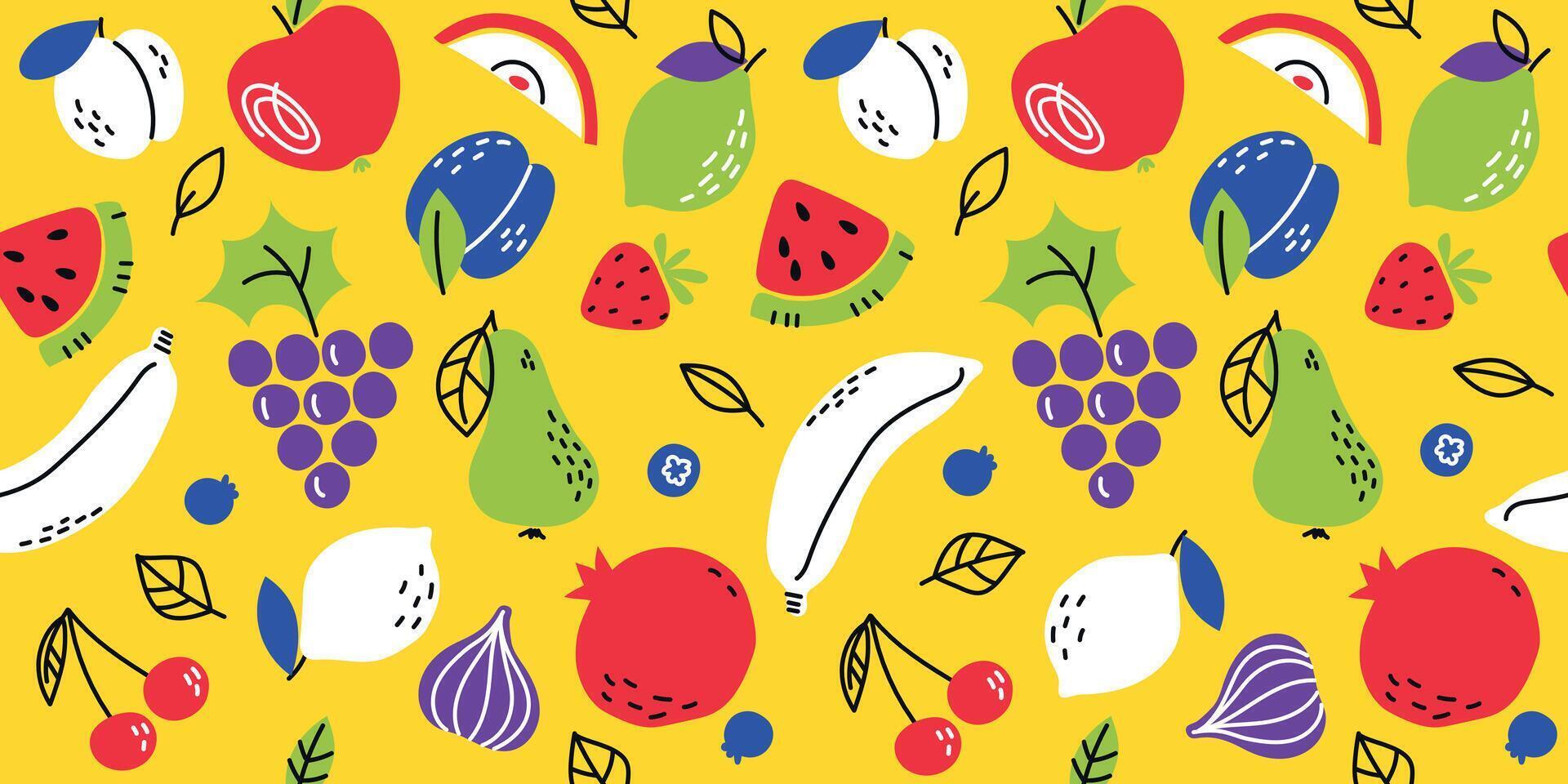 Fruit doodle seamless pattern. Continuous background. Fresh ripe fruits in pieces and whole on yellow background. illustration vector