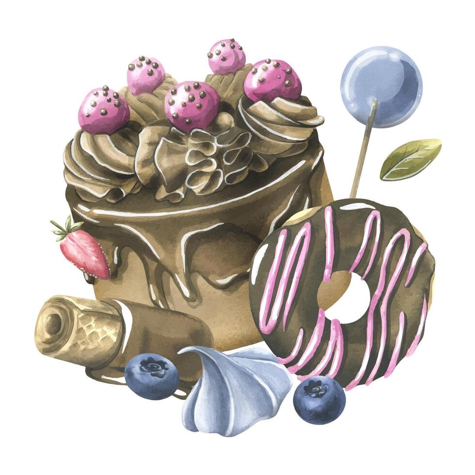 Chocolate cake with icing, donut, waffles, meringue blueberries and strawberries. Watercolor illustration hand drawn. Isolated composition on a white background. vector