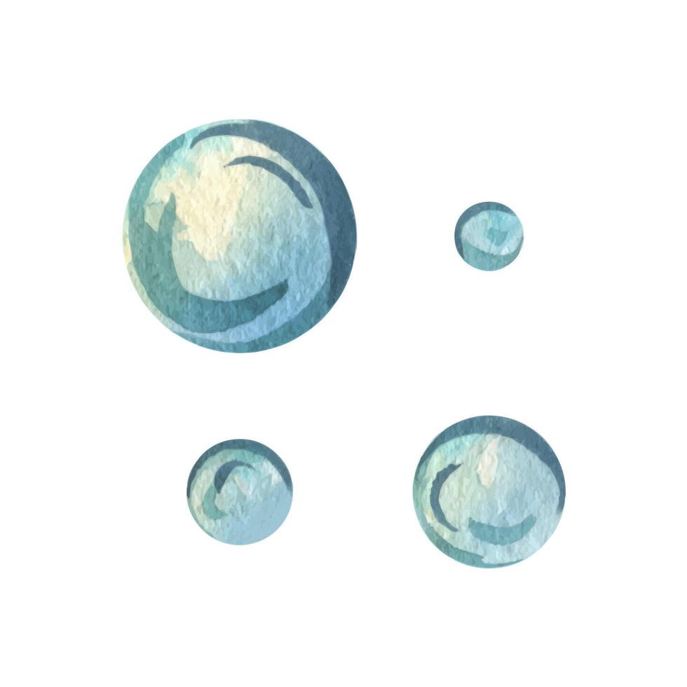 Water bubbles in blue and turquoise. Hand drawn watercolor illustration on the theme of sea and fishing. Set of elements isolated from the background vector