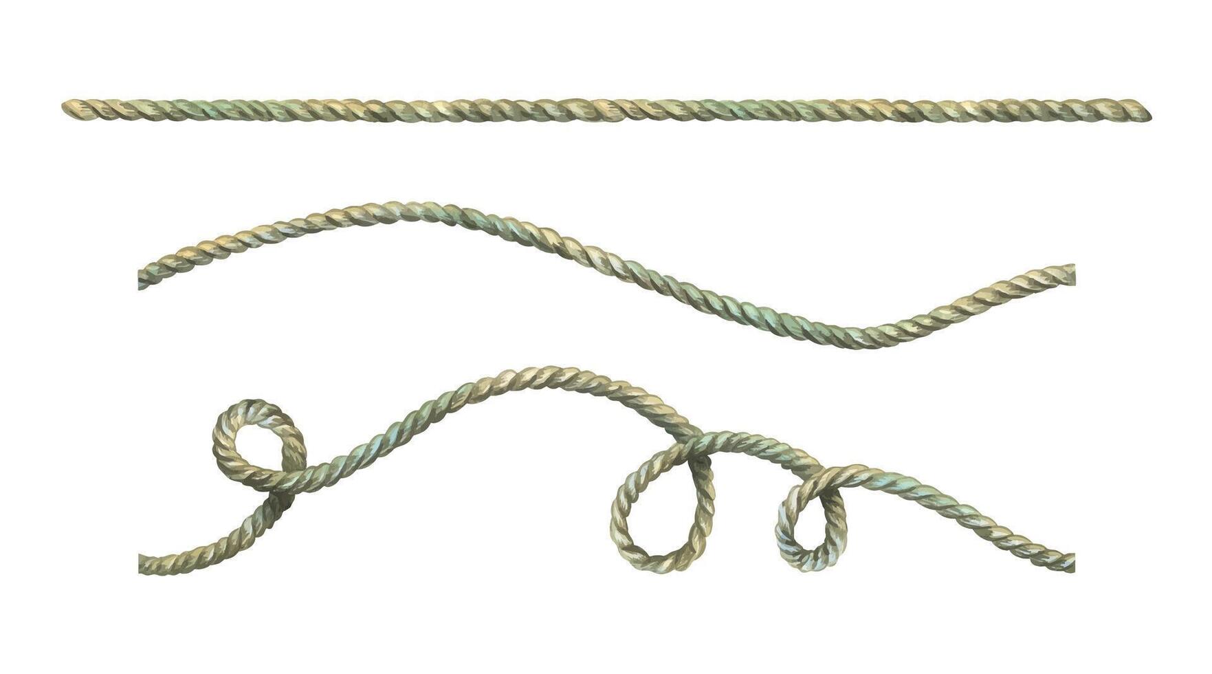 Rope, twine, jute brown, straight, wave and twisted with loops. Watercolor hand-drawn illustration on the theme of sea and fishing. Set of individual elements isolated from the background. vector