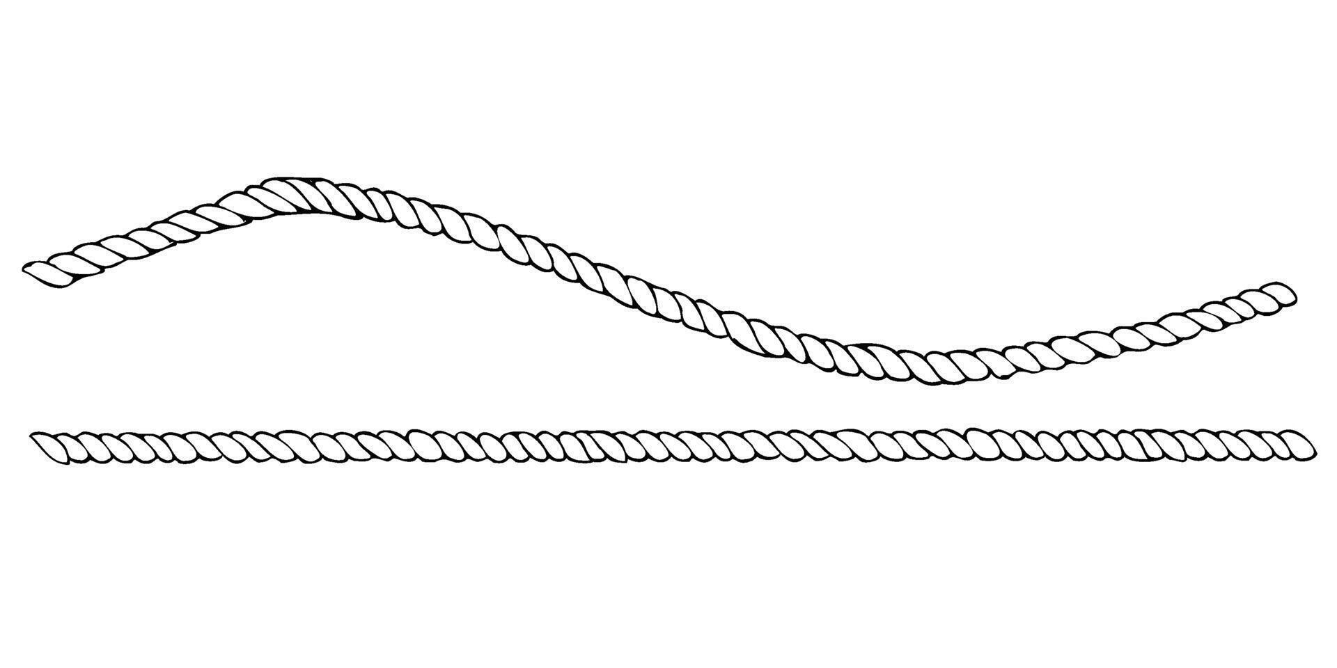 Rope, twine, jute , straight, wave and twisted with loops. Graphic line art hand drawn on the theme of sea and fishing in black and white ink. Set of elements isolated from the background EPS vector