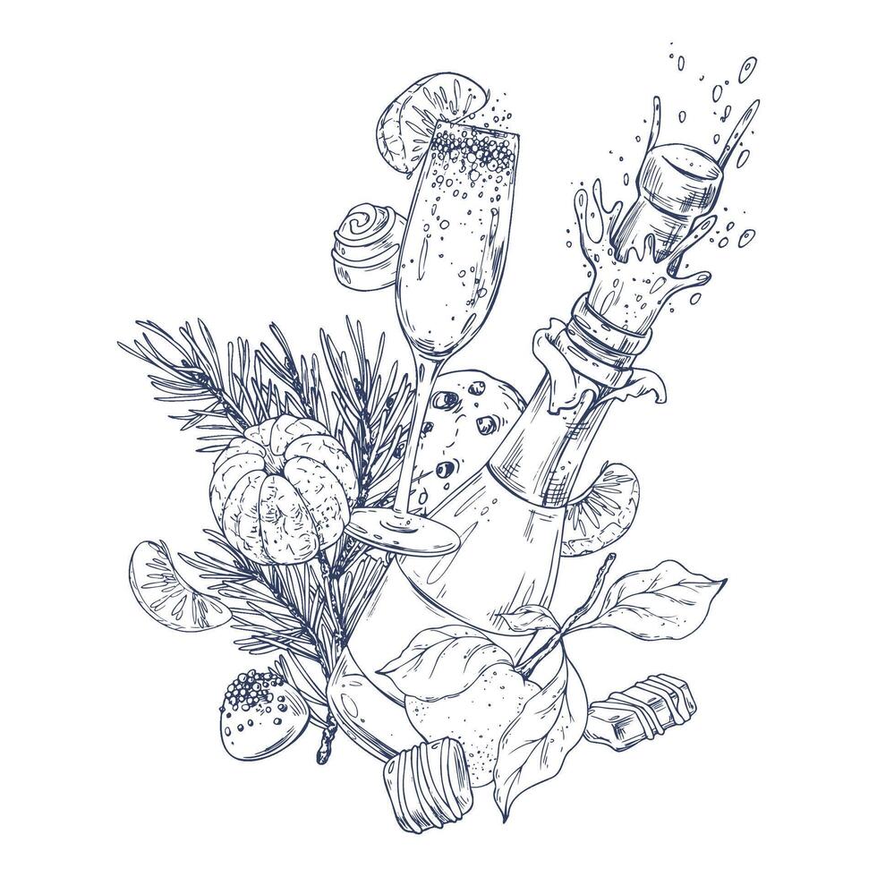 Christmas collection with levitation tangerines, sweets, spices, champagne and plants. Graphic illustration hand drawn in black ink. Composition, arrangement, sublimation EPS . vector