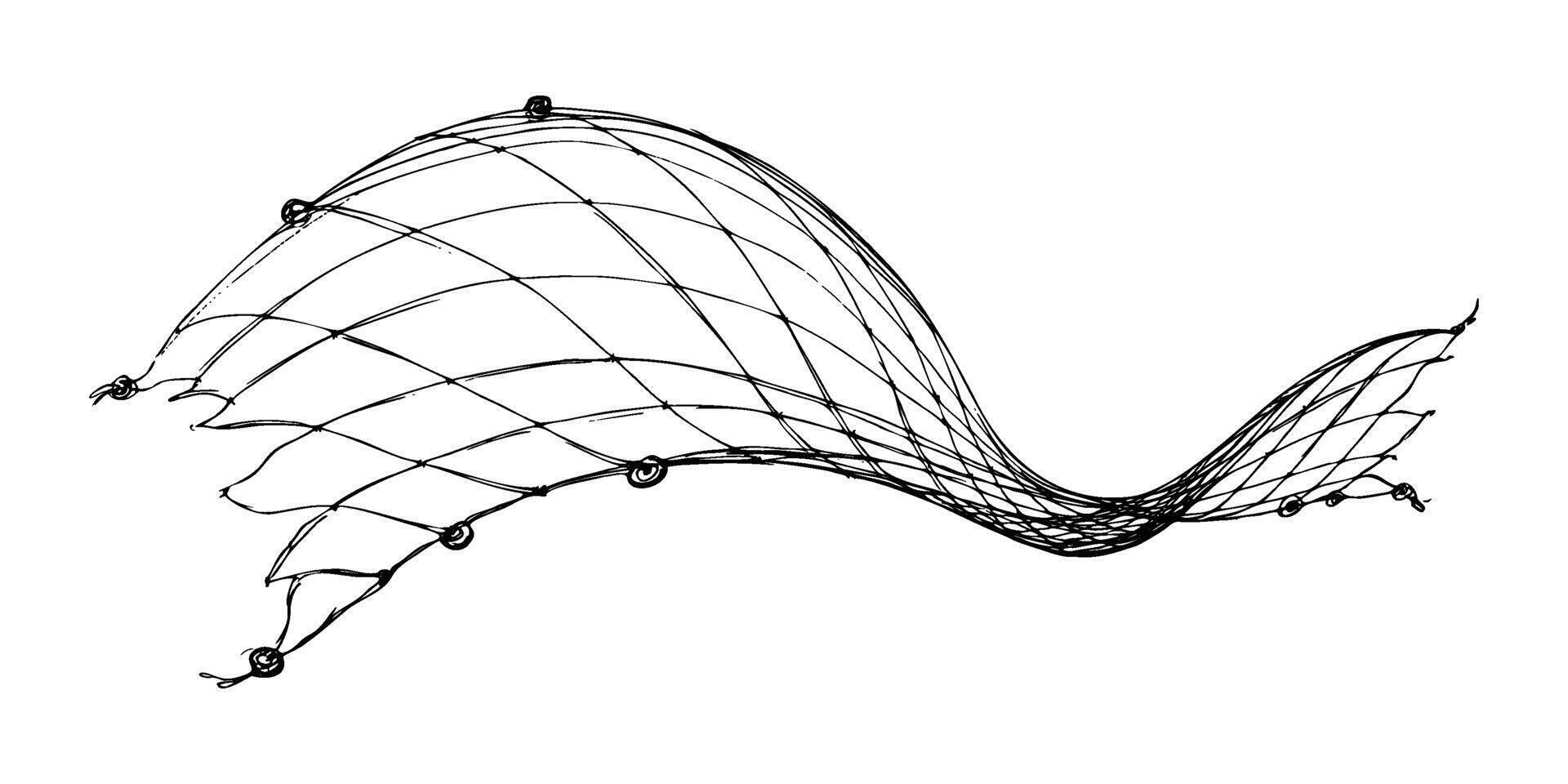 Fishing net with floats, curved by a wave. Graphic line art hand drawn on the theme of sea and fishing in black and white ink. Separate element isolated from the background EPS vector