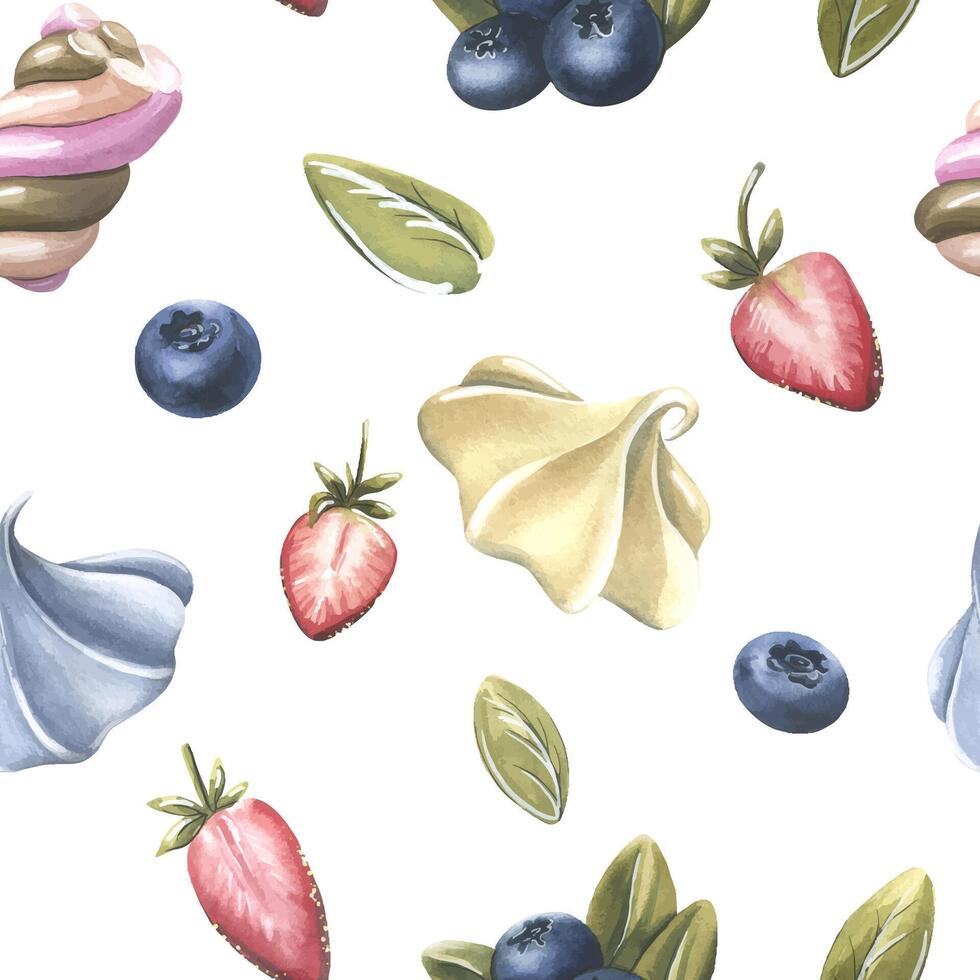 Vanilla and blueberry meringue, marshmallows, strawberries and blueberries. Watercolor illustration, hand drawn. Seamless pattern on a white background vector