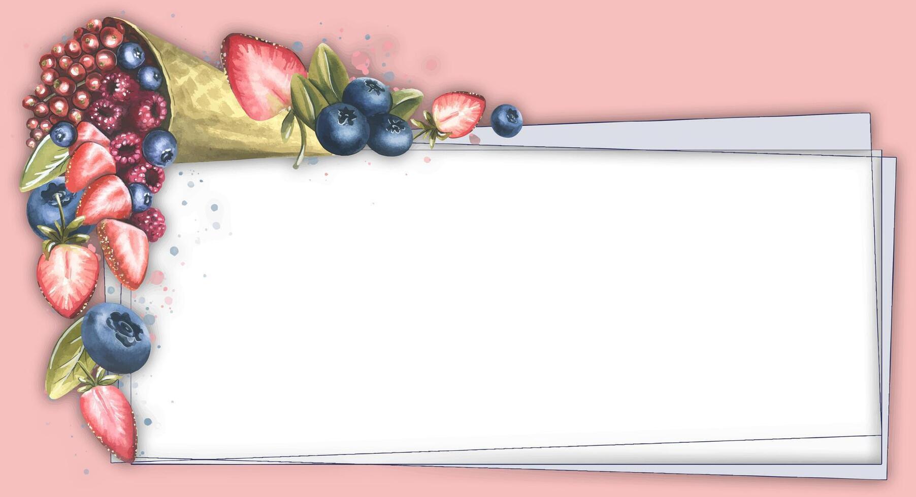 Horizontal frame with decoration in the form of berries spilling out of a waffle cone. Raspberries, red currants, blueberries, strawberries. Watercolor illustration. Board from a large set of SWEETS. vector
