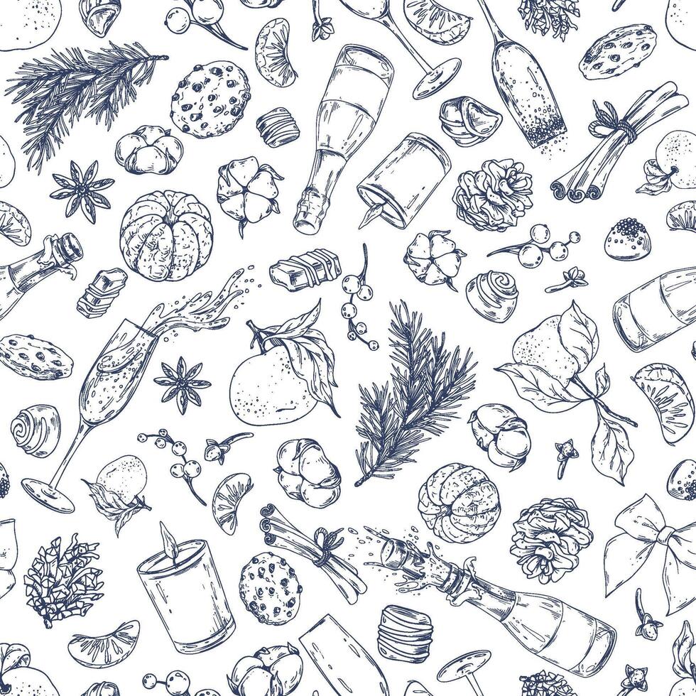 Christmas collection with tangerines, sweets, spices, champagne and plants. Graphic illustration hand drawn in black ink. Seamless pattern EPS . vector