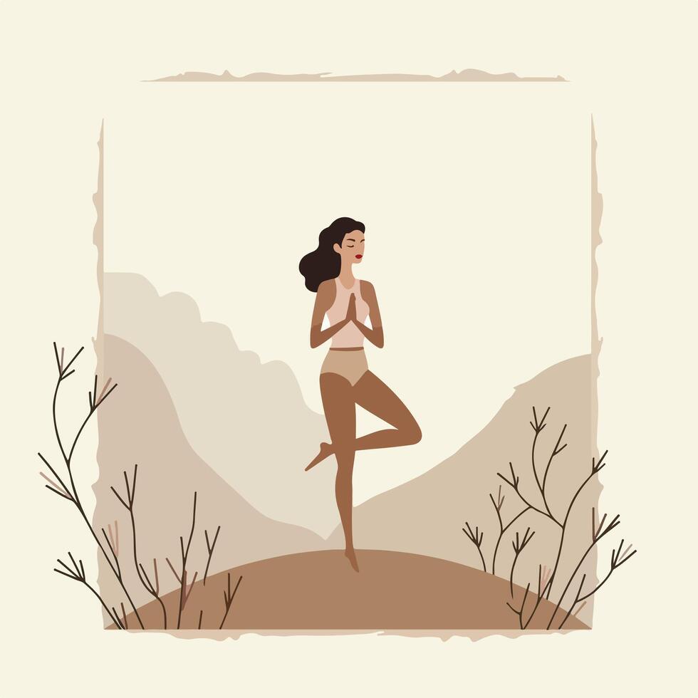 a woman in a yoga pose in the mountains vector