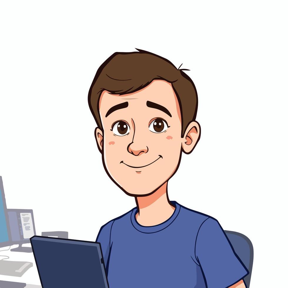 a cartoon man sitting at a desk with a tablet vector